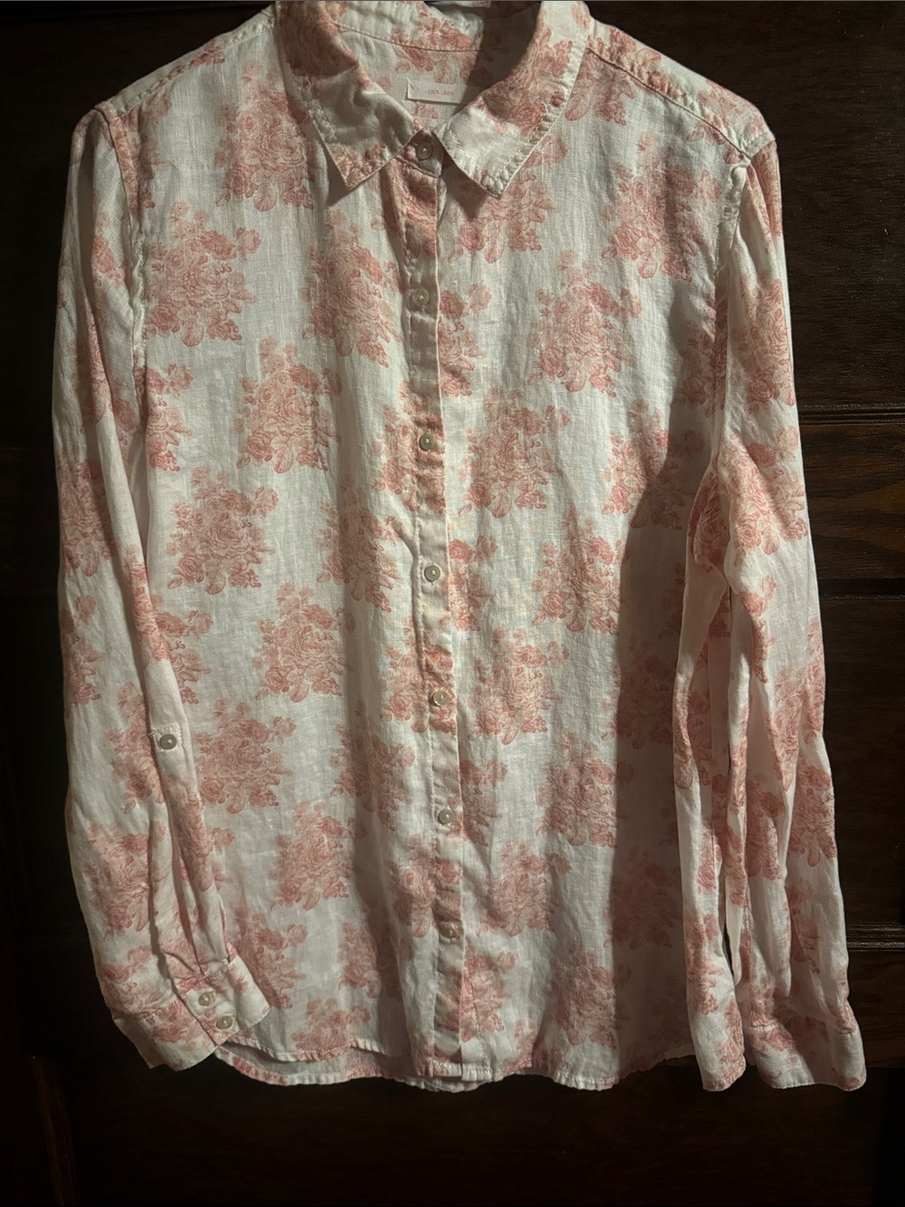 Shabby Chic White Button-Down Shirt with Pink Rose Print, 100% Linen